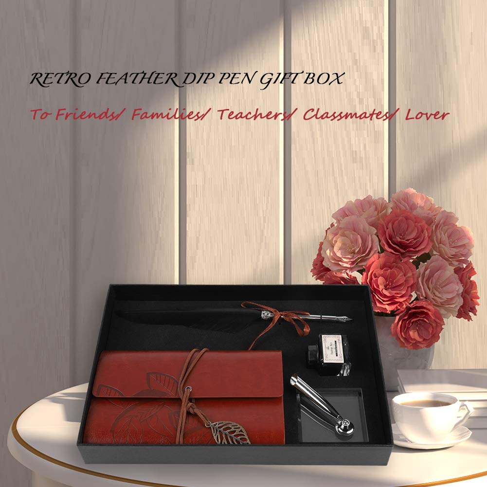 BONKZEBU Leather Journal with Feather Pen Gift Set Premium Writing Notebook Stationery Kit for Writers Calligraphy Teachers Students Brown Wooden Cover