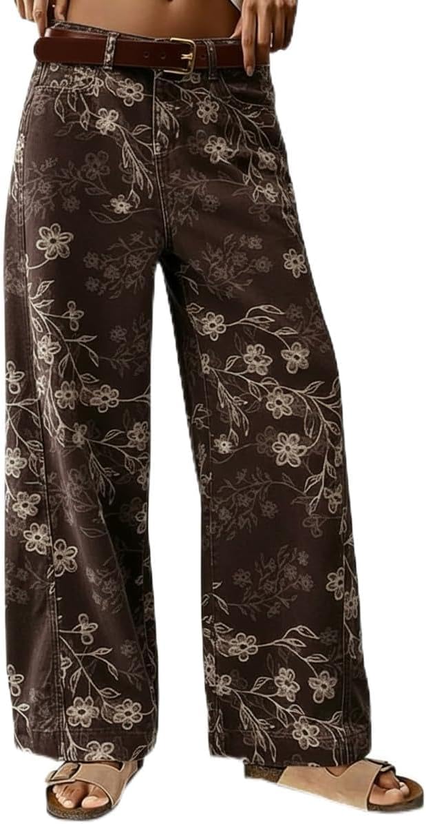 chouyatou Women's Casual Floral Printed Jeans Baggy Y2K Wide Leg Jeans Boyfriend Denim Ankle Pants
