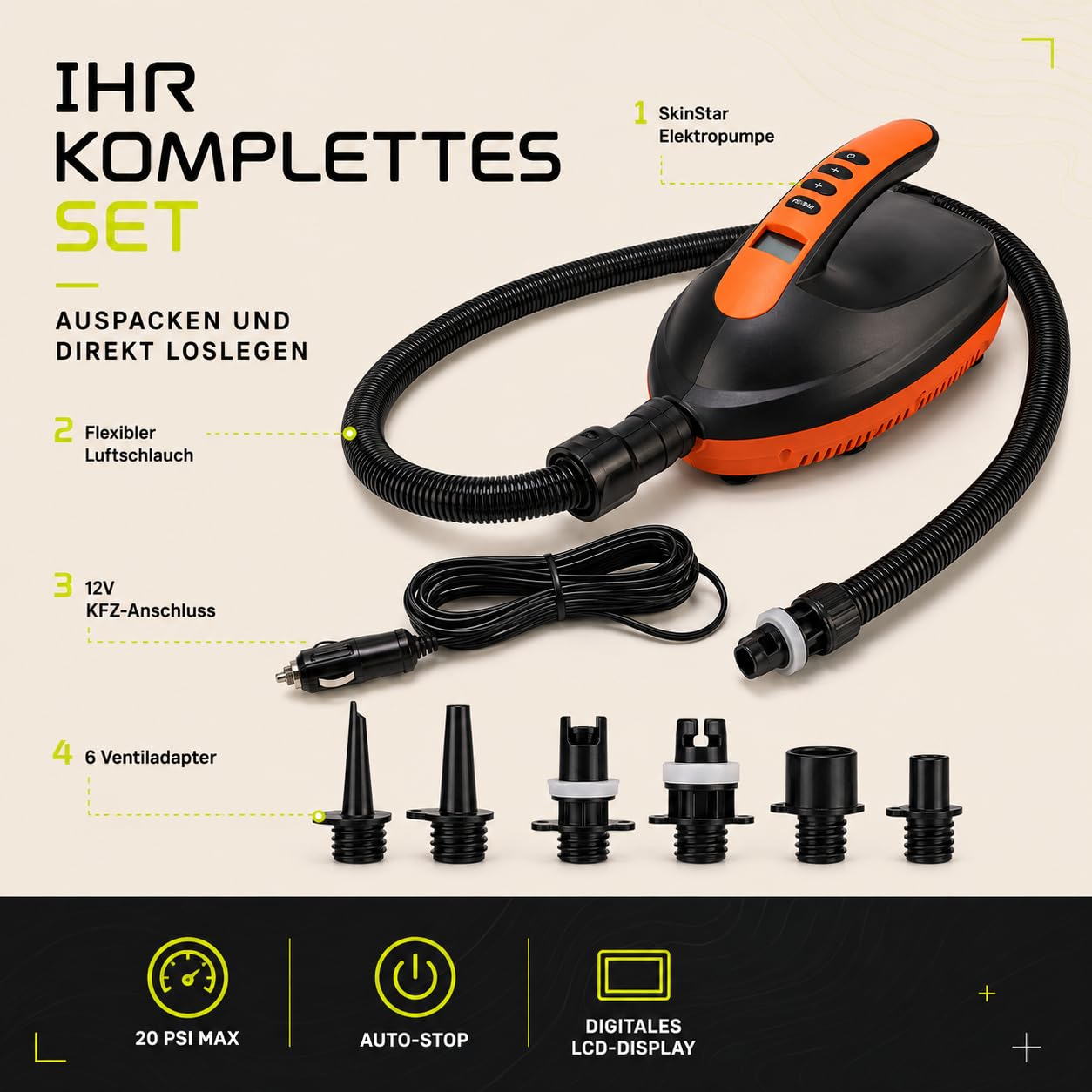 SkinStar Pompa elettrica SUP 20 PSI con display digitale, arresto automatico, collegamento 12 V, funzione di gonfiaggio e aspirazione, con 6 adattatori per SUP, kayak e gommoni