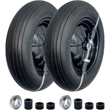 2 Pack 4.80/4-8" Flat Tires on Wheels, 16" Universal Solid Wheel Barrel Tires, 3"-7" Center Hub, 5/8" or 3/4" Ball Bearings, Steel Rims, Rib Treads, for Wheelbarrows, Yards, Utility Carts
