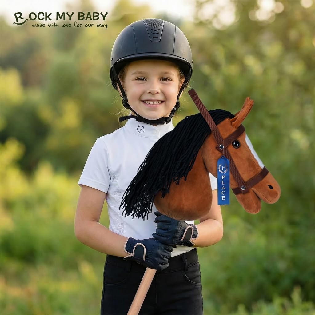 Hobby Horse Plush Stuffed Stick Horse with Award Ribbon for Boys and Girls 3+ Fun Toys for Pretend Play (Golden Brown) CPC Certified