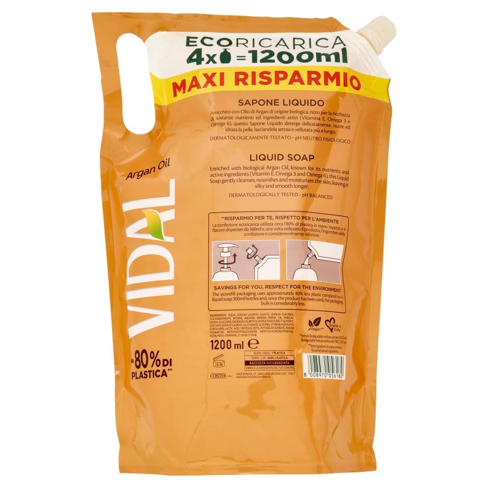 Vidal Olio di Argan Sapone Jabón Líquido Aceite de Argán, Jabón Eco Recharge 12 x 1200 ml + Polpa Italiana Gourmet 400 g