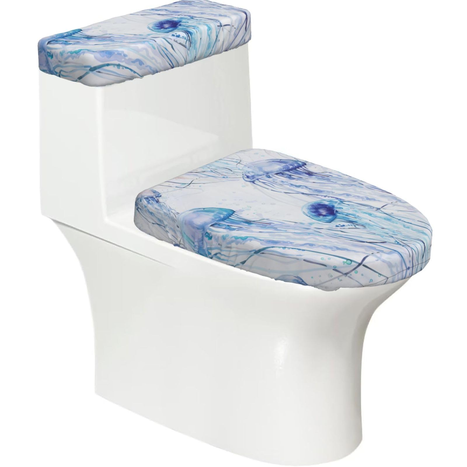 Wzycwb Black Jellyfish 2-Piece Toilet Seat Cover Set With Tank Lid, Elastic Fit For U-Shape & Elongated Toilets, Bathroom Decor, Housewarming Gift
