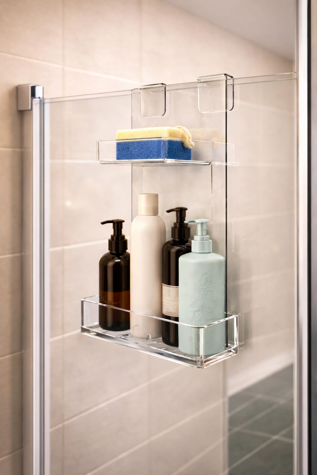 REGPLEX Porta Shampoo da Doccia in Plexiglass - Installazione Facile senza Forare, Adatto per Box Doccia da 6 fino a 40mm Vedi Varianti - Design Monoblocco, Made in Italy (Spessore Vetro 6-15mm)