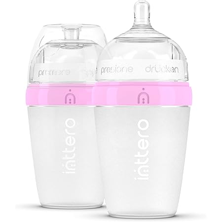 Inttero Pre-loadable / Mixing Breast-Mimic Baby Bottle with Anti-Colic & Air-Free Vent - 6oz/9oz - 2 Pack (Cute Pink, 9 oz.)