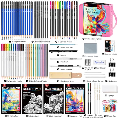 133 PCS Art Supplies Sketching Kit, Pro Drawing Pencils with Sketchbook, Coloring Book, Watercolor Pad, Black Paper Pad, Colored Graphite Charcoal Watercolor & Metallic Pencils for Artists Adults — view 2