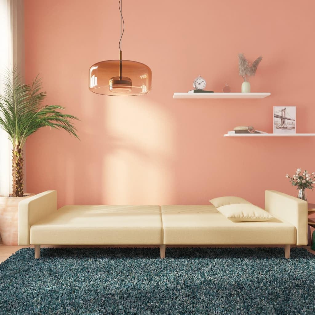 Sofá cama de 2 plazas con marco de madera y 2 cojines en tapicería de tela crema para sala de estar u oficina como cómodo asiento y cama de dormir que ahorra espacio