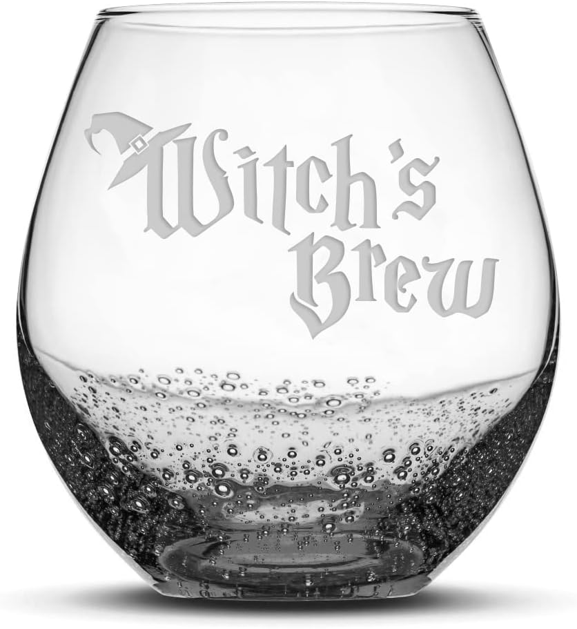 Integrity Bottles, Witch's Brew, Stemless Wine Glass, Handmade, Handblown, Hand Etched Gifts, Sand Carved, 18oz (Bubbly Smoke)