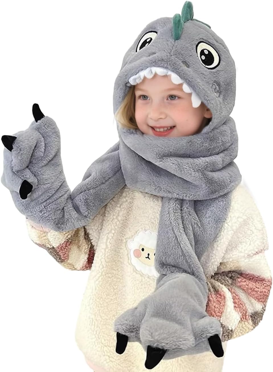Kids 3-in-1 Hooded Hat Gloves Scarf Set,Cute Dinosaur Faux Fur Hat Plush Warm Earflap Beanie for Boys Girls