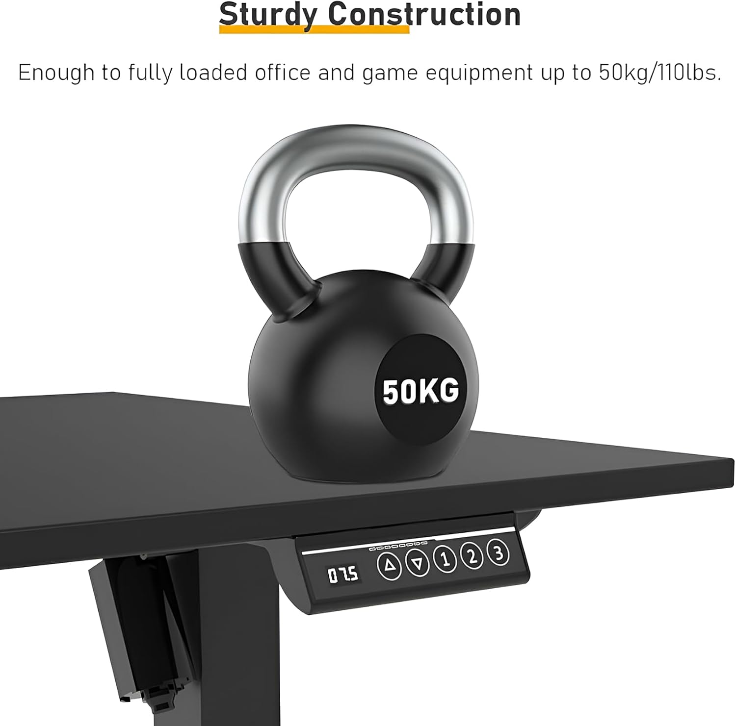 Image showing the sturdy construction of the desk with a 50kg weight