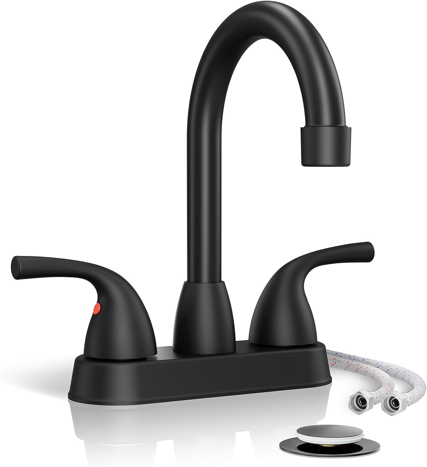 Phiestina Matte Black 4 Inch Centerset Bathroom Faucet, 2 Handle Deck Plate 2 or 3 Hole Bathroom Faucet, with Metal Pop-up Drain with Overflow & Water Supply Line, BF02011-B11-MB