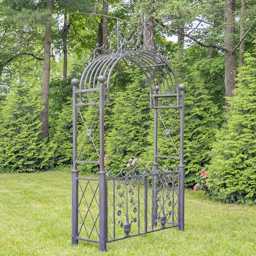 Zaer Ltd. Garden Gate, 10.5 Ft Tall, Floral Design, Copenhagen 1843, Powder Coated Metal, Antique Finish (Antique Bronze)