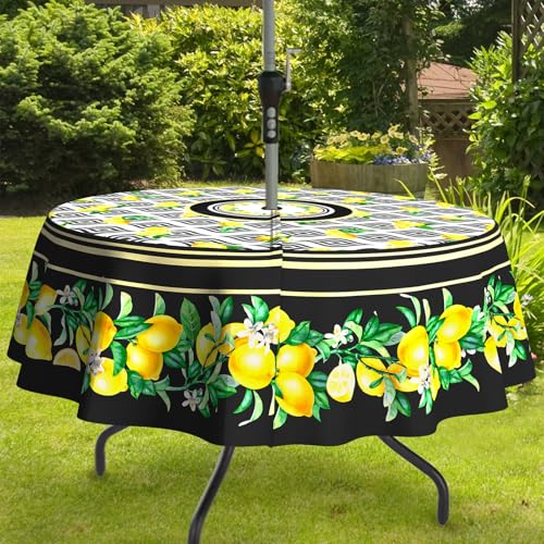 bnhjsdw Lemon Outdoor Tablecloth with Umbrella Hole for Round Table, Waterproof Lemon Patio Table Cloth with Zipper - 60 x 60 inches