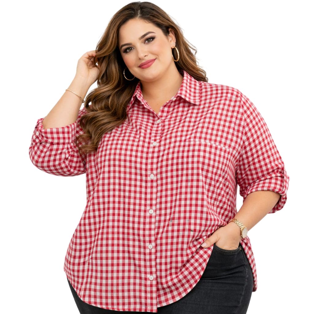 Women's Checked Casual Plus Size Shirt | Full Sleeve Button Down Collared Shirt | Comfortable Oversized Fashion Clothing for Office, Travel, Vacation, Holiday, Party-picture-26