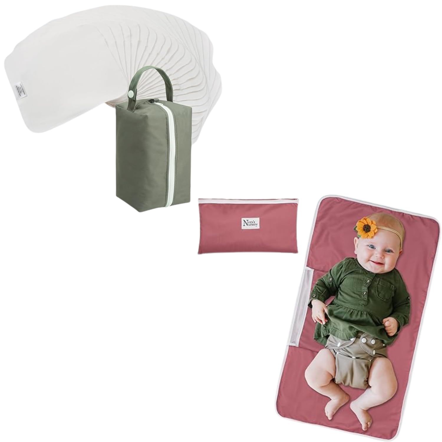 NORAS NURSERY 재사용 가능한 물티슈 100% 면 세수 수건 부드러운 흡수성 타올 페이스 티슈 + NORAS NURSERY 휴대용 기저귀 교체 패드 매트