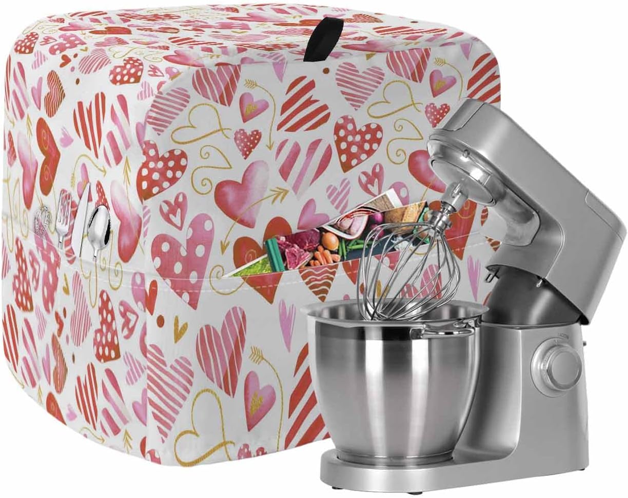 Valentine's Day Stand Mixer Cover with Storage Pocket, Waterproof Kitchen Mixer Covers, Colorful Heart Love Modern Minimalist Kitchen Appliance Dust Cover Compatible with 6-9 Quart Mixers