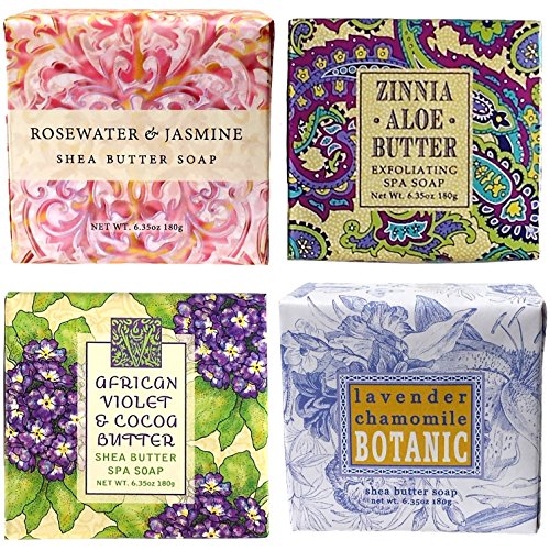 Greenwich Bay Spa Soap Sampler: LAVENDER, ROSEWATER, ZINNIA, AFRICAN VIOLET- Enriched with Shea Butter, No Parabens, No Sulfates, 4 x 6.35 OZ