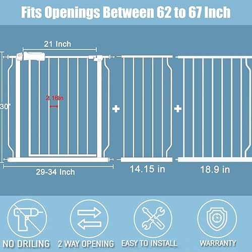 Miniatura 2 de Puertas largas extra anchas para bebés, de 62 a 67 pulgadas, escaleras, puertas para mascotas, para interiores y exteriores, montaje a presión, sin
