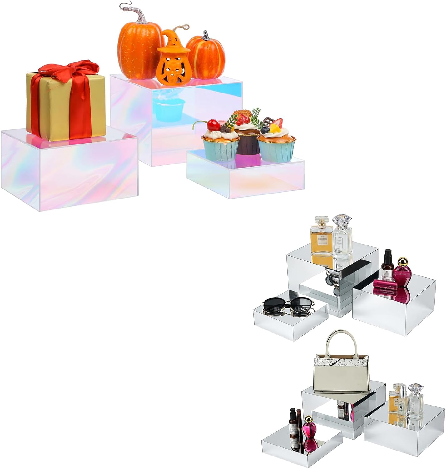 3 Pack Buffet Riser, Cubes Acrylic Display Box and 6pcs Silver Mirror Riser Stand
