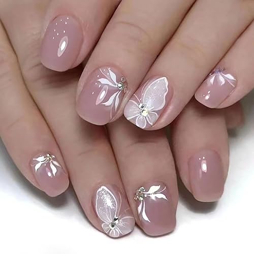 Uñas Postizas de Mariposa con Purpurina Rosa - 24 piezas de Cobertura Completa Brillantes que se Pegan en Uñas Artificiales Acrílicas
