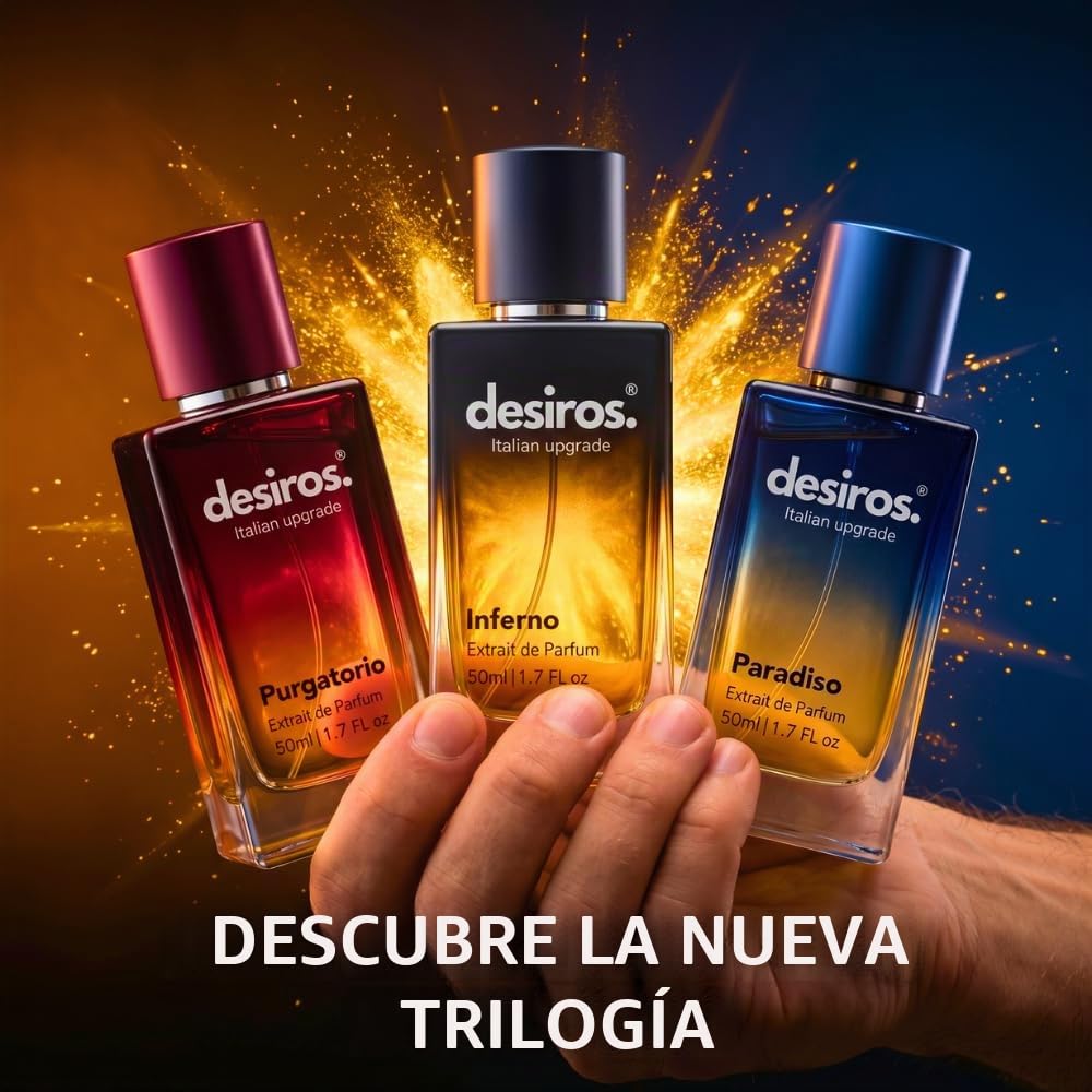 Desiros Inferno – Extracto de perfume para hombre sensual de larga duración | Elegancia italiana y atracción irresistible | Notas cítricas, frescas y amaderadas | Concentración 25% de aceites