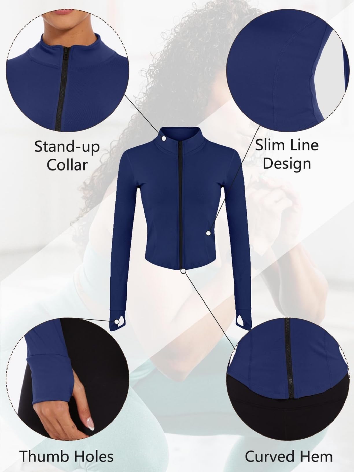 Chaqueta Deportiva para Mujeres Manga Larga Chaqueta de running con Cremallera Completa Chaqueta Corta de Entrenamiento con Orificio para el Pulgar Chaqueta Deportiva de Verano(Azul marino,S)