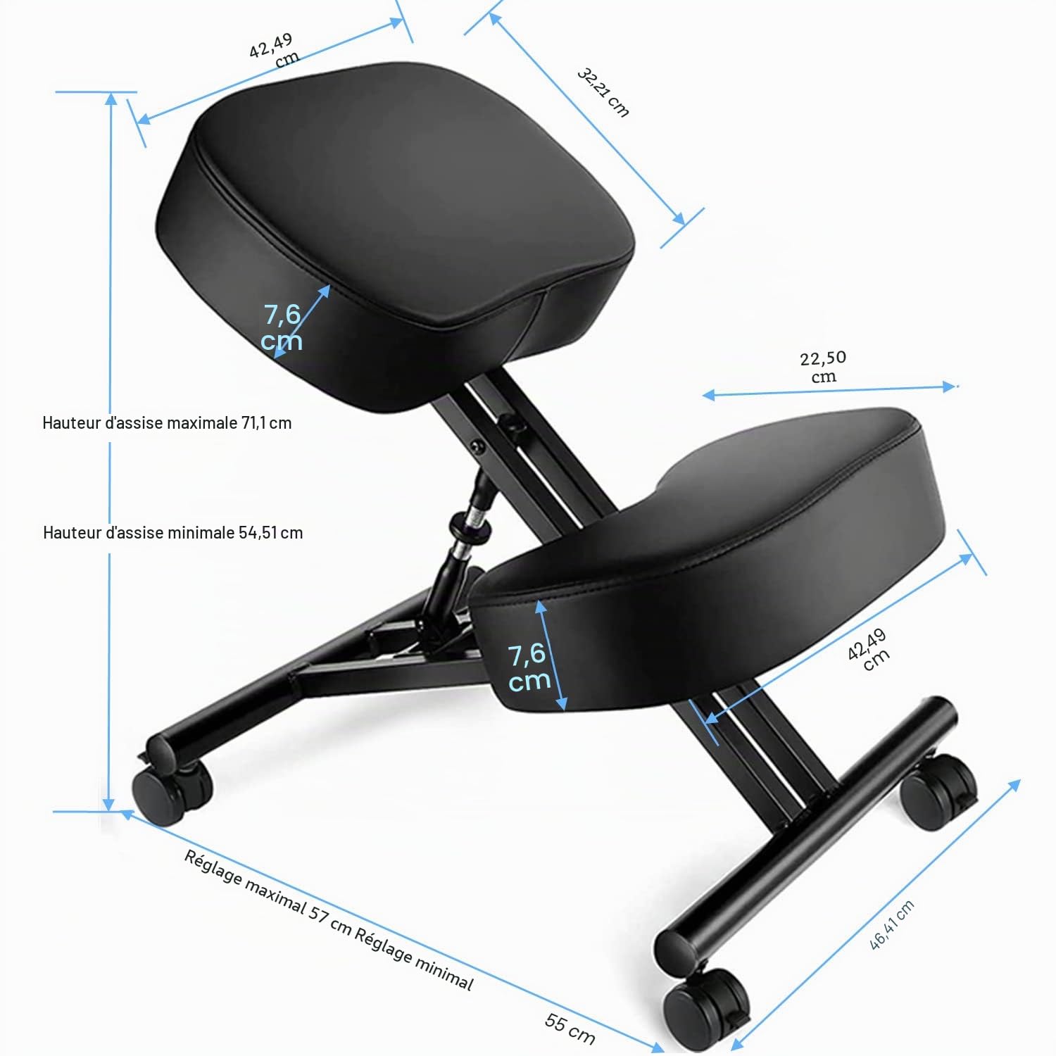 Chaise à Genoux de Bureau Ergonomique, Tabouret Genoux pour la Maison et Le Bureau, Chaise pour Ordinateur avec roulettes, Réglable Hauteur, Structure de Métal, Faux Cuir, Rembourrée