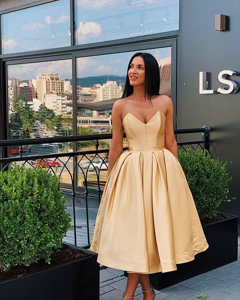 Women’s A Line Strapless Backless Prom Dress, Sleeveless Sweetheart Neck Satin Homecoming Dresses - Image 2