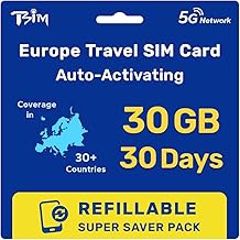 Europe SIM Card for Travel 30 Day 30GB for 36 Countries | Refillable Super Saver Pack | High Coverage Multi-Operator 5G Network | Auto-Activating | Hotspot Allowed | Data Only