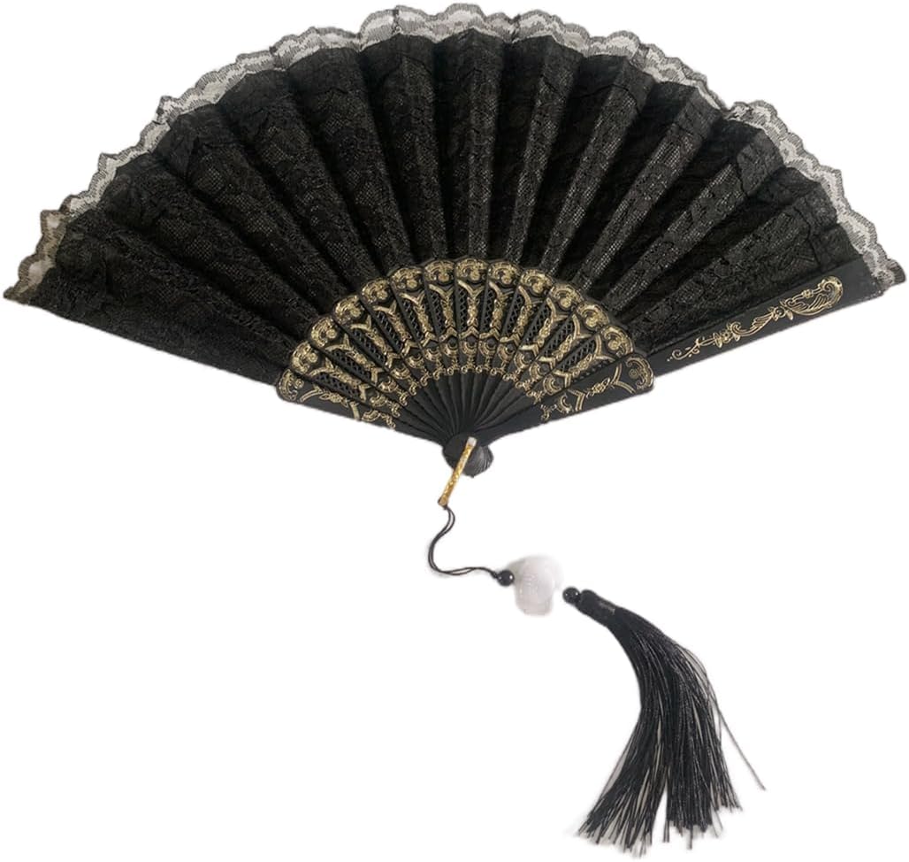 Black Lace Folding Hand Fan Chinese Foldable Handheld Fan with White Lotus Jade Tassel for Wedding Party Dancing Decoration