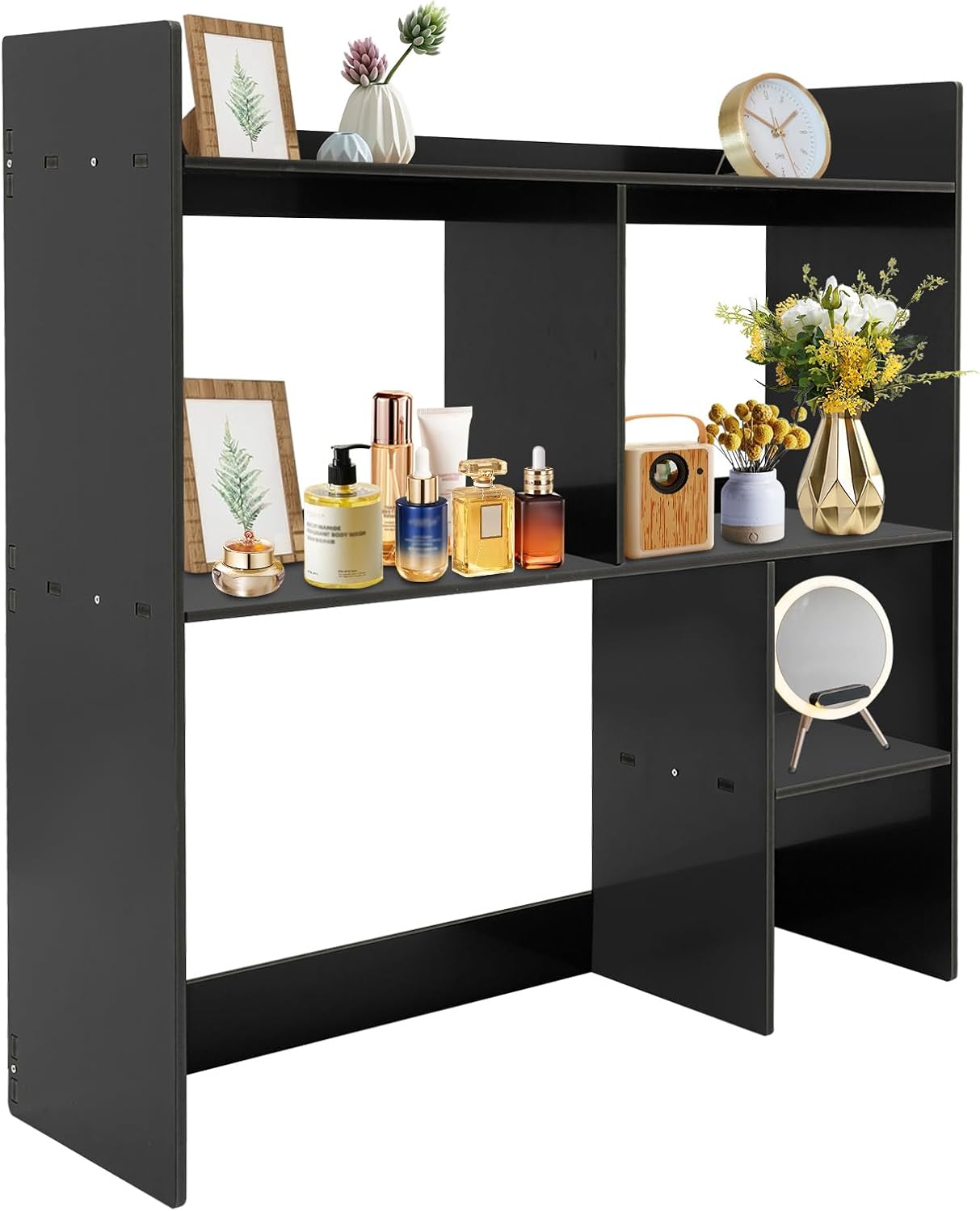 Desktop Bookshelf, 35.4" Desktop Organizer Shelf Black Desk Hutch for Computer Desk 3 Tier Desk Shelf Multifunctional Freestanding Storage Rack Display Shelf for Home Office