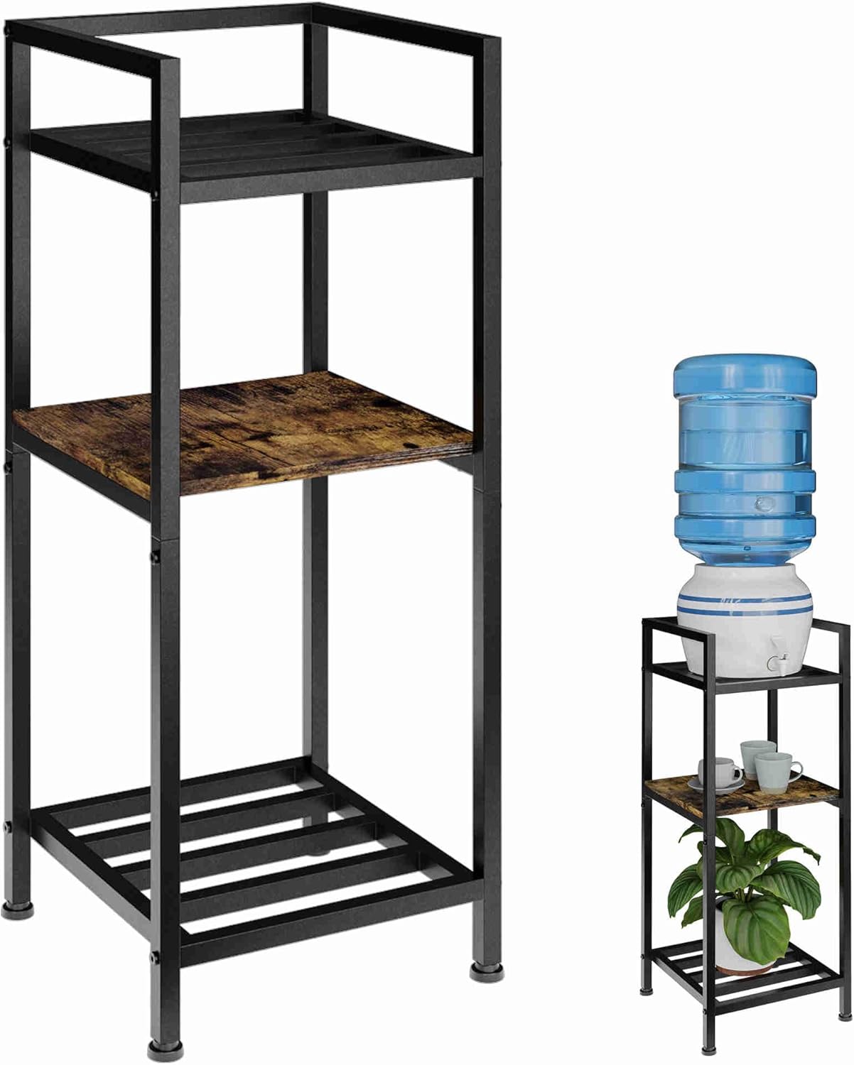 Water Dispenser Stand 5 Gallon Water Jug Holder Black Metal with Wood 3 Tier 32" Water Bottle Stand and Plant Stand for Kitchen Home Office Living Room