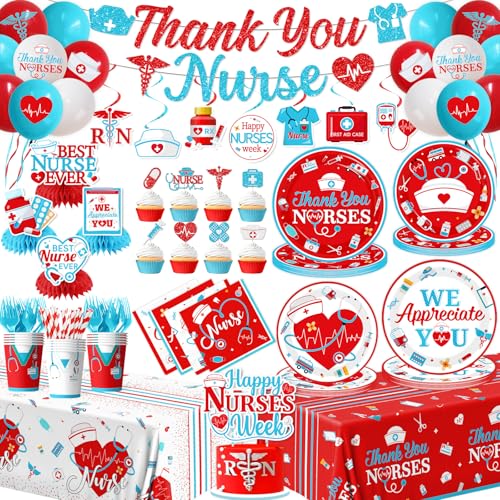Nurse Party Decorations - 197Pcs Thank You Nurses Themed Tableware and Balloons Set RN Graduation Happy Nurses Week Decorations for Party