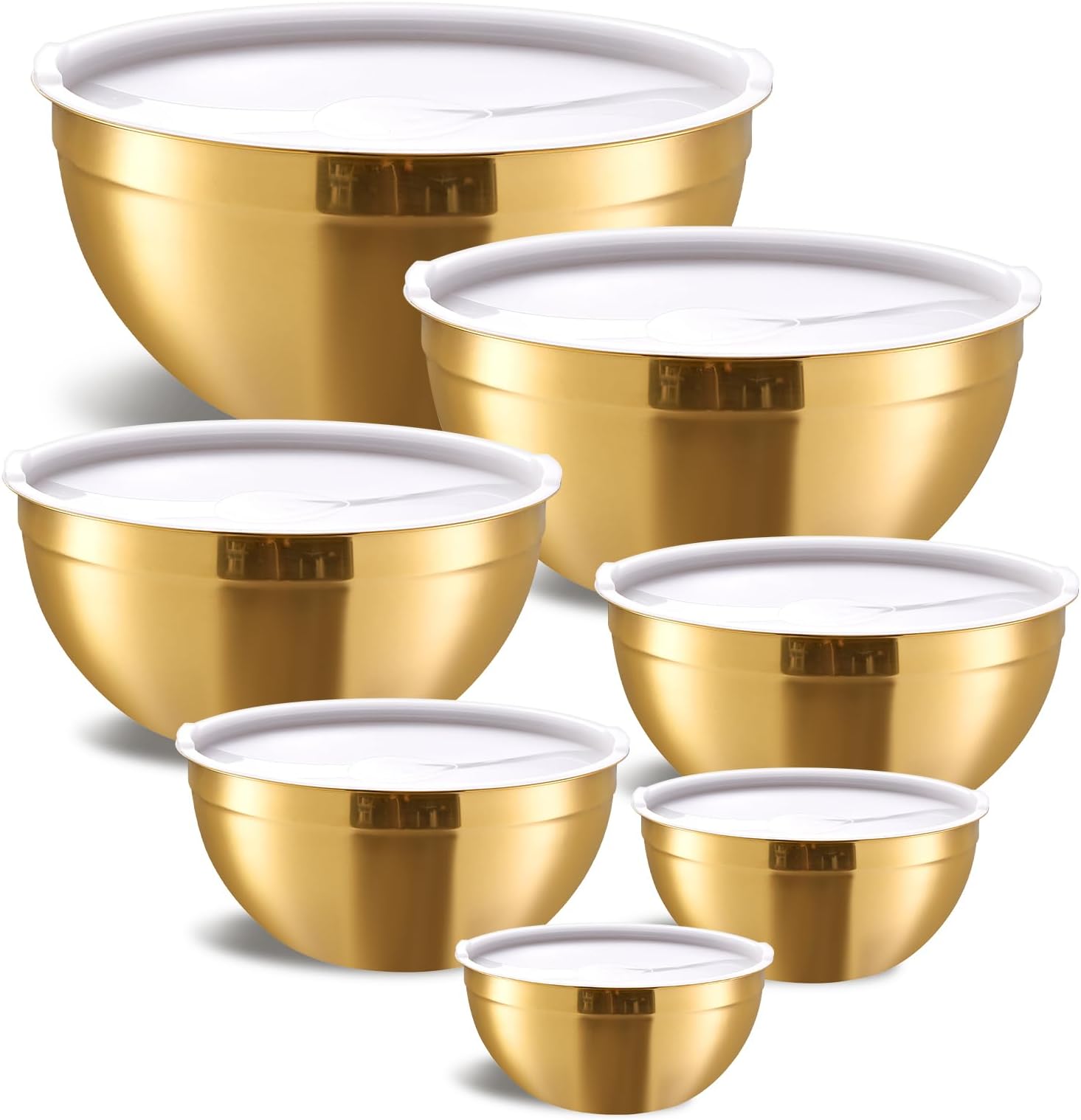- Gold Mixing Bowls with Airtight Lids, Stainless Steel Nesting Mixing Bowls Set of 7, Ideal for Baking, Prepping and Serving Food, Size 7, 3.6, 2.7, 2.1, 1.5, 1.1,0.8 QT, Stackable Design