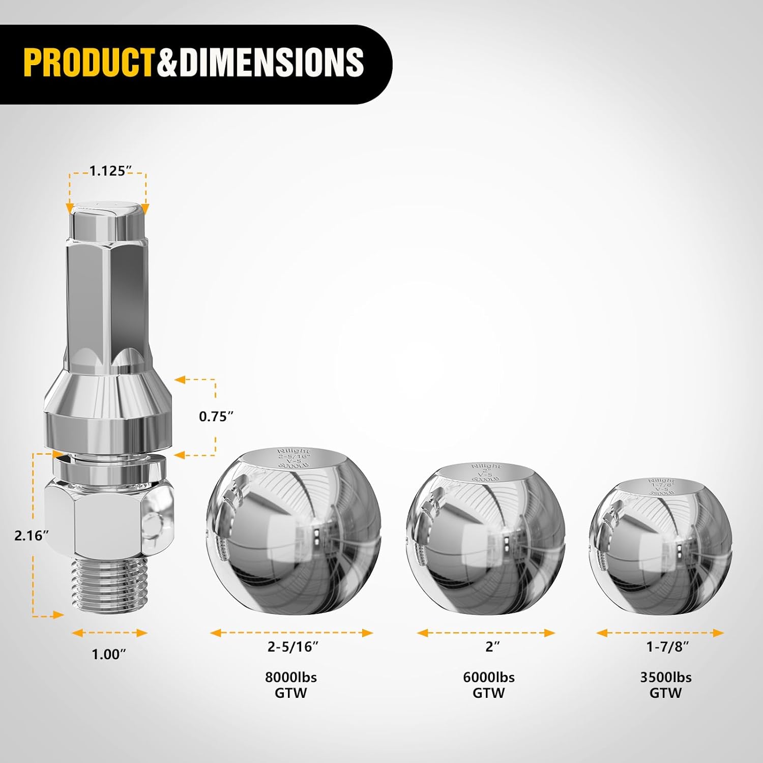 Nilight 1-7/8", 2" and 2-5/16" Diameter Chrome Trailer Hitch Ball, Maximum Load Capacity Up to 8,000 lbs, 1- Inch Shank Universal Fit Gray