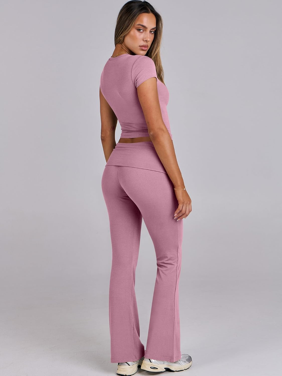 ANRABESS Lounge Sets for Women 2 Piece Foldover Yoga Flare Leggings Pants Crop Tops Casual Y2K Outfits Matching Tracksuit Set - Image 4