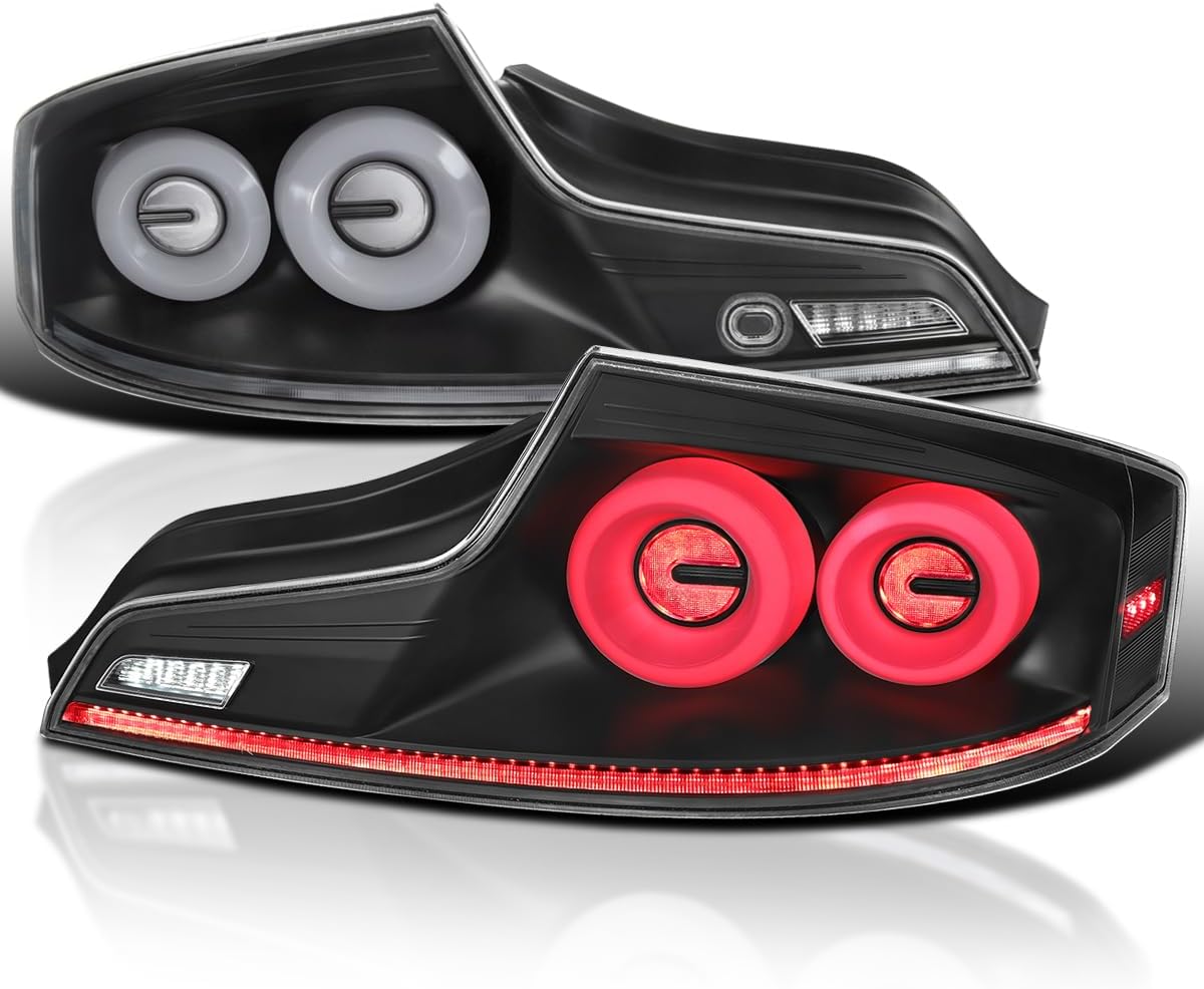 SPEC-D TUNING Black Full LED Tail Lights w/White Fiber Optic Halo Ring, Sequential Turn Signal, and Startup Animation Compatible with 2003-2007 Infiniti G35, Left + Right Pair Assembly