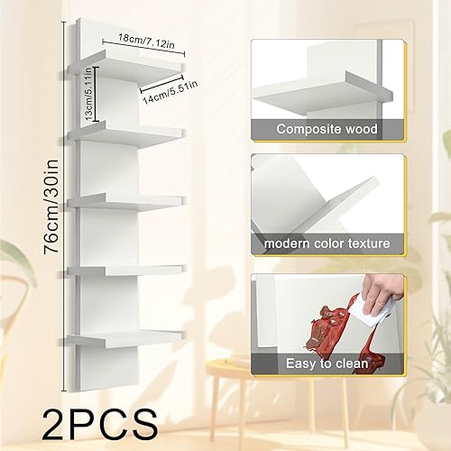 Miniatura 3 de Paquete de 2 estantes de pared de 5 niveles, acabado laminado suave y estrecho, montaje de pared de columna vertical, organizador flotante para