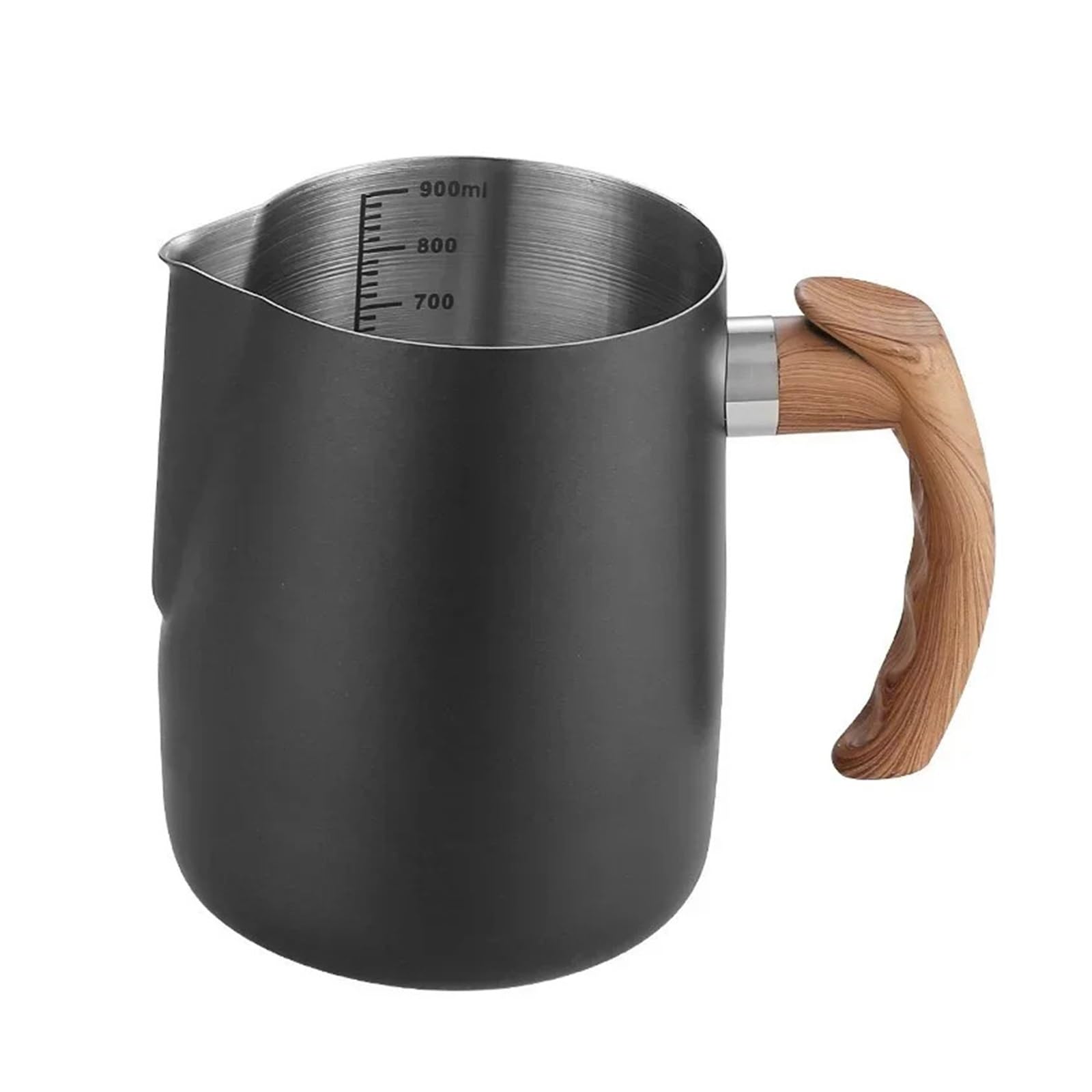 Jarra de espuma café con leche acero inoxidable 600/900ml 304, jarra mango madera a escala, boquilla águila, accesorios for Latte(900ML,Black)