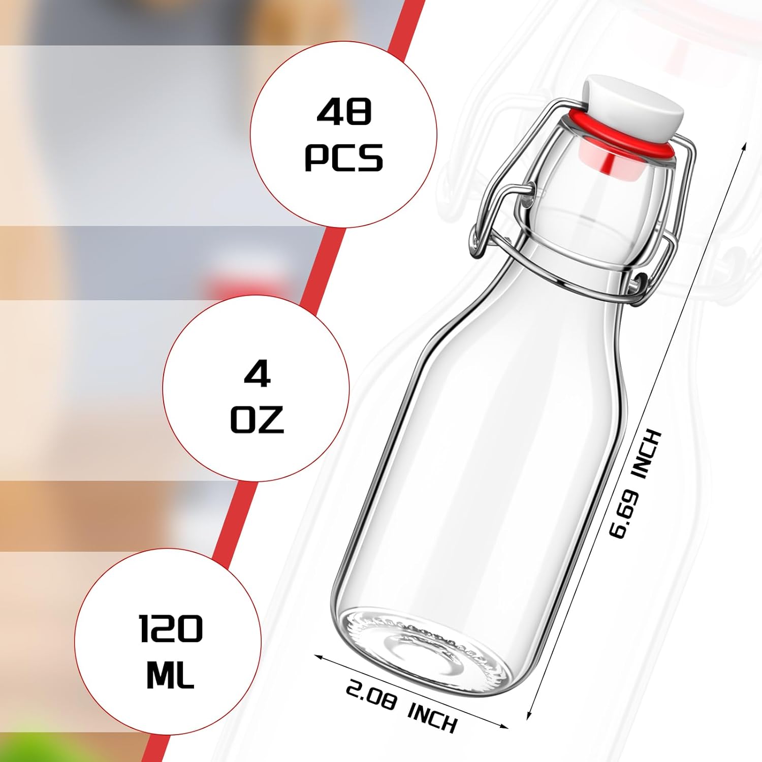EBOOT Flip Top Glass Bottles with Caps Beer Bottles Clear Swing Top Glass Bottles Vinegar Kombucha Bottles with Stoppers Airtight Lids for Wedding Themed Baby Shower Christmas Gifts (48 Pcs,4 oz)