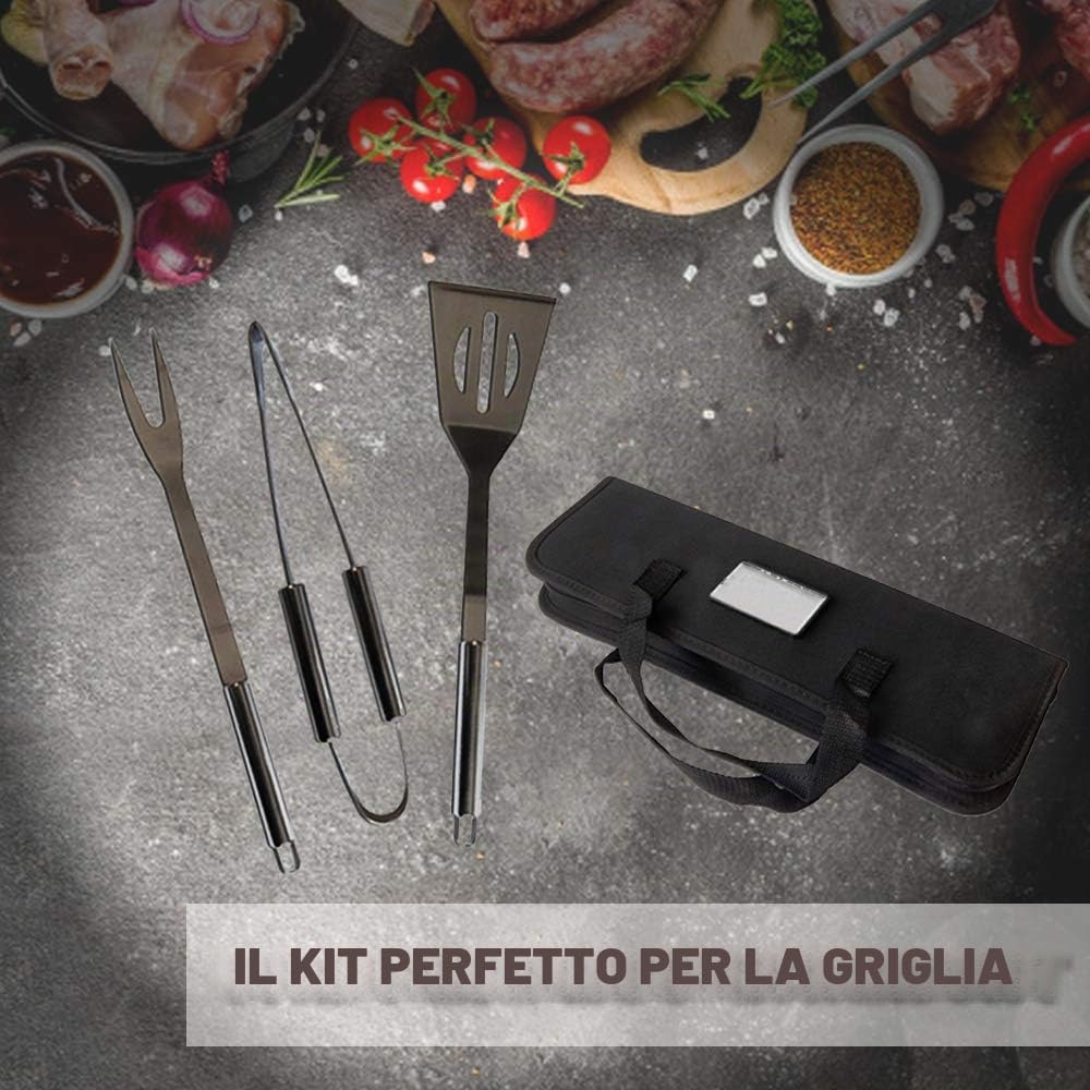 PROMO SHOP Kit Barbecue 3 Pezzi · Accessori Barbecue in Acciaio Inox ad Alta Resistenza · Include Spatola, Forchetta e Pinze ad Alta Resistenza al Calore