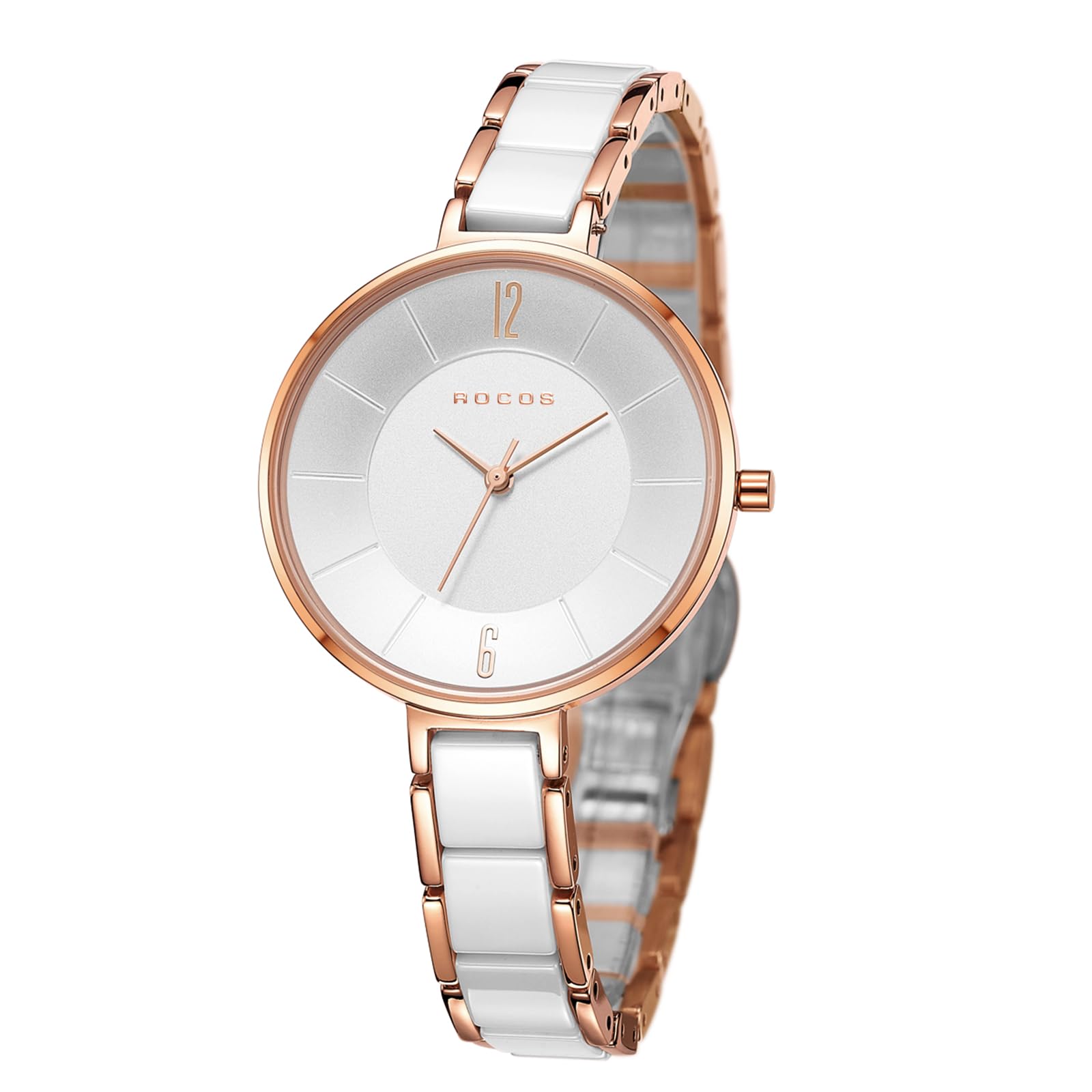 ROCOSJEWE Women's Wrist Watches Ceramic Strap Japanese Quartz Analog Watches for Women Rose Gold Minimalist Dial Ladies Watch Waterproof Elegant Dress Wristwatch RW0309(White)