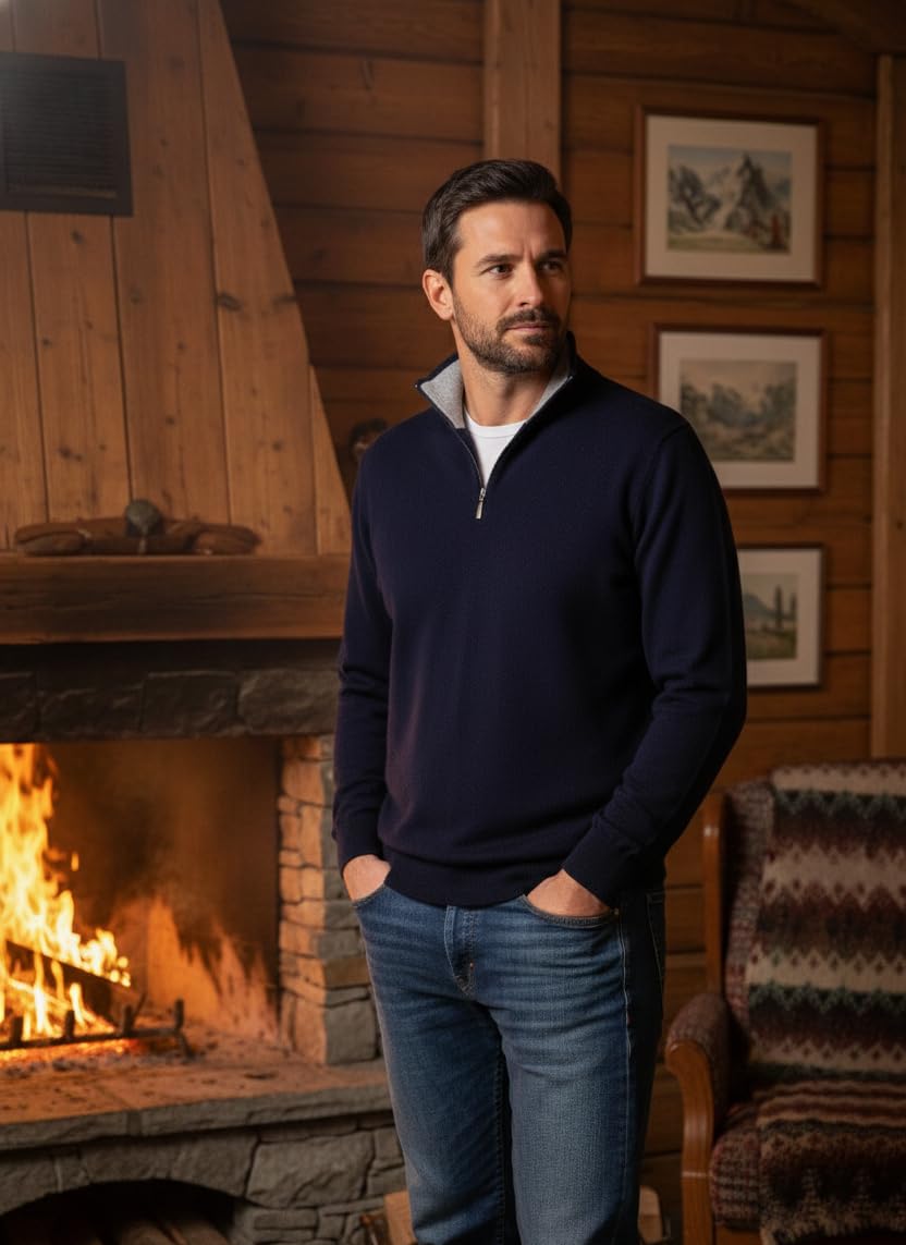 Pull Homme Demi-Zip en Cachemire et Soie mélangés, Made in Italy
