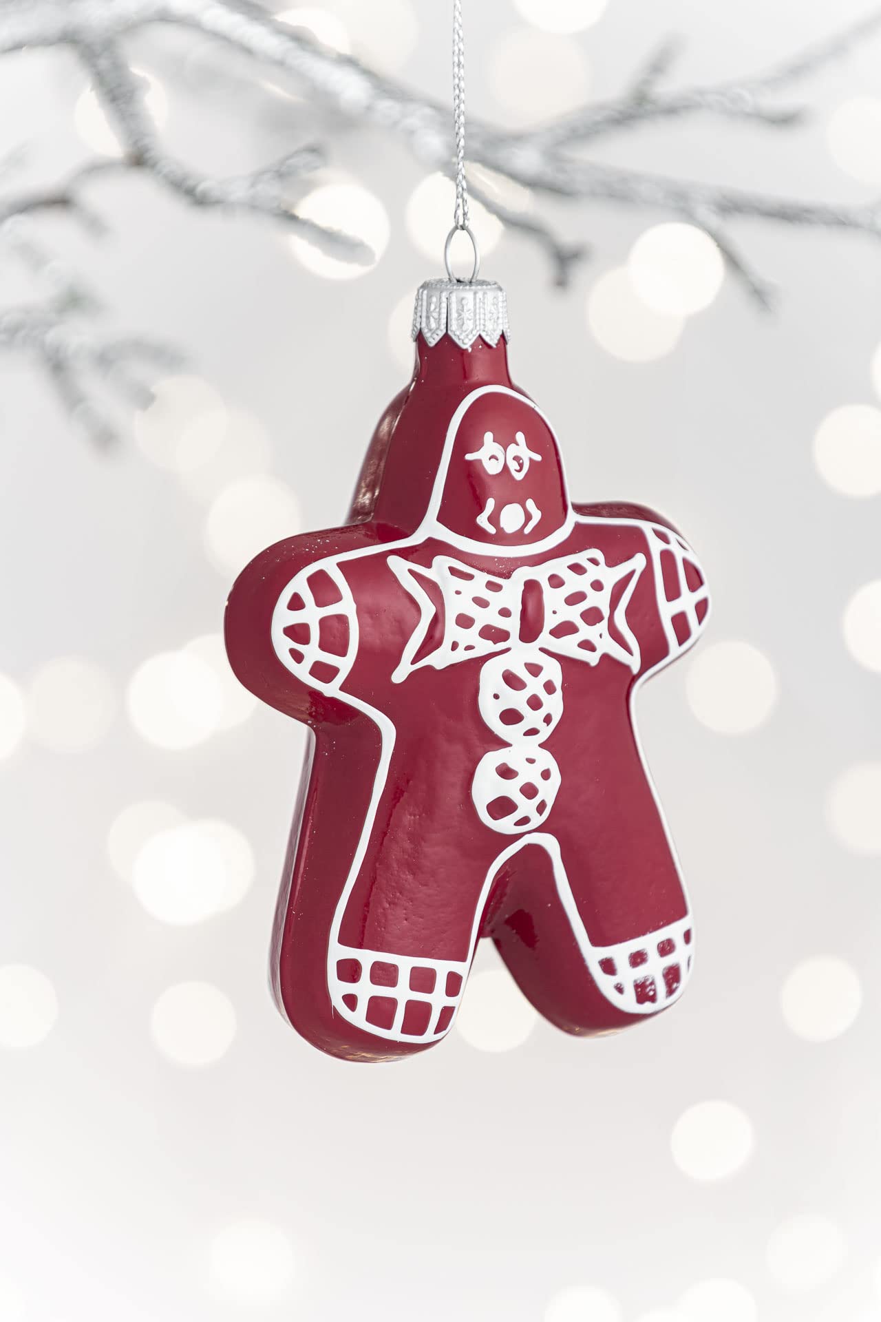 Glass Christmas Baubles - the shape of the gingerbread man in red with white decoration, Plain Red, 12 cm