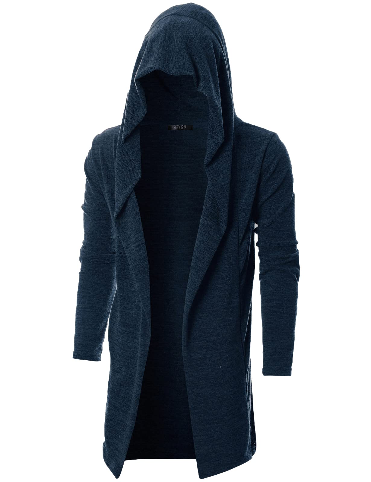 GIVON Men's Long Hooded Shawl Cardigan Open Front Gothic Cloak with Drape Design Shawl Collar