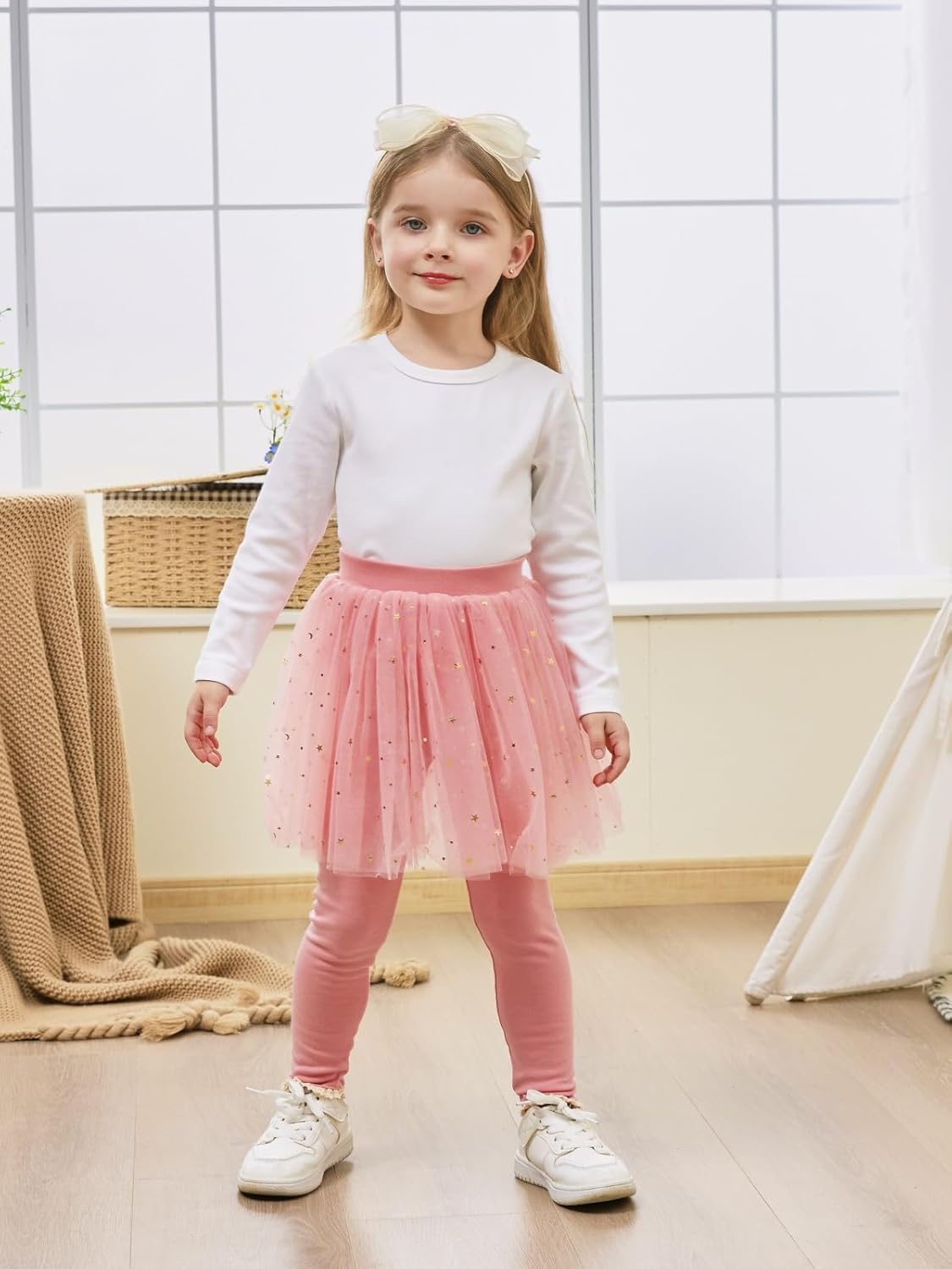 Girls Leggings with Skirt Kids Tulle Skirt with Sparkling Stars Pants Toddler Footless Leggings 1-8 Years - Image 2