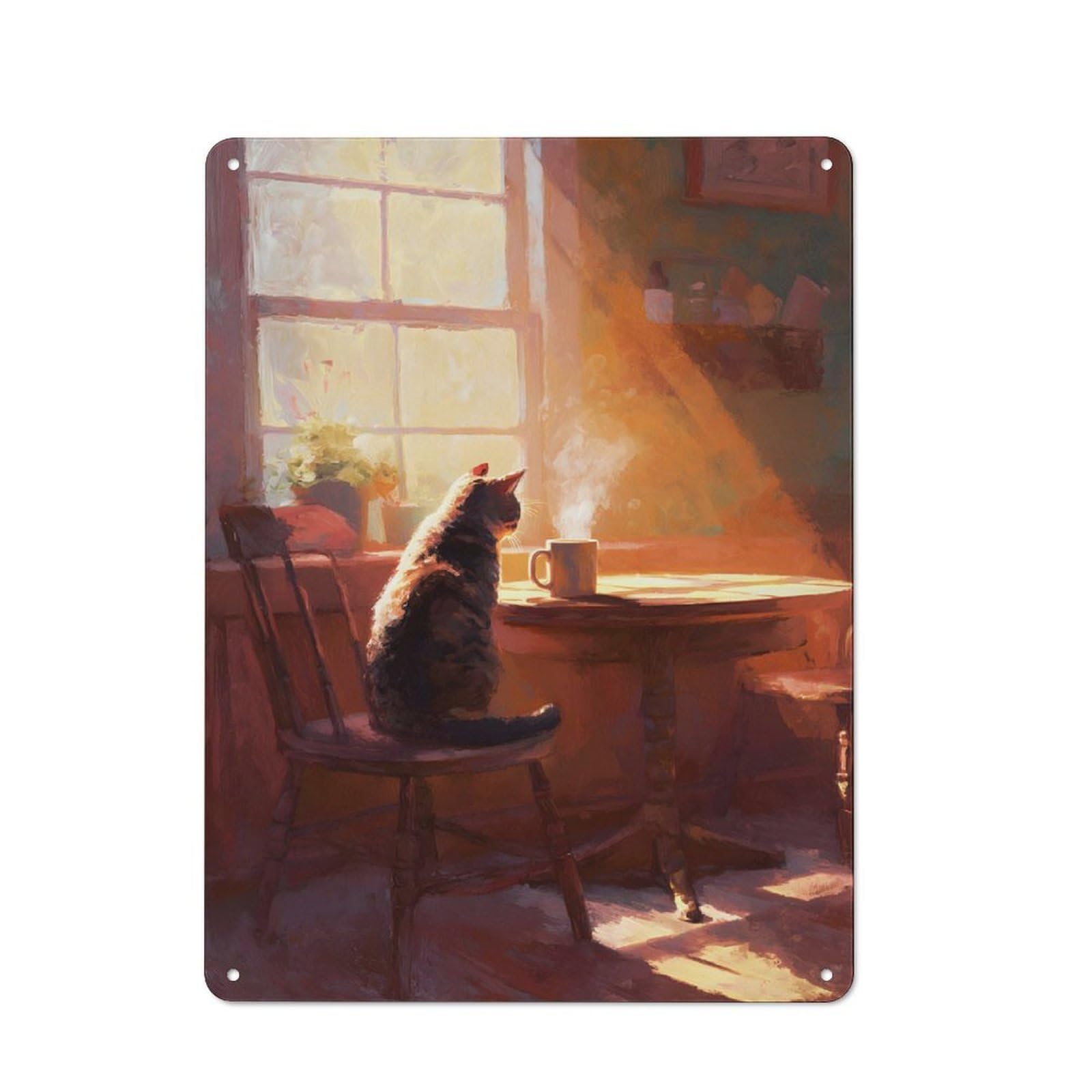 Junmoney Style-14 Tin Sign 40X30cm With Cat Coffee Morning Painting For Workshop Wall, Retro Decor, For Metal Sign Collectors, For Cafés, Pubs And Restaurants