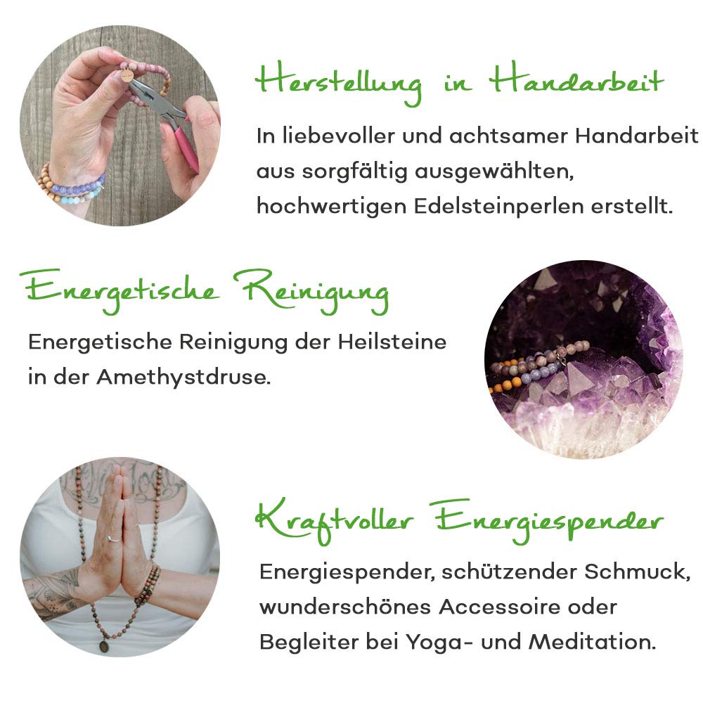 Mondstein Edelsteinschmuck Mala Edelsteinkette Yoga Meditation Geschenk-Set mit Holzbox Jute-Täschchen Affirmationskarten INTUITION Naturstein Sandelholz handgemacht in Deutschland