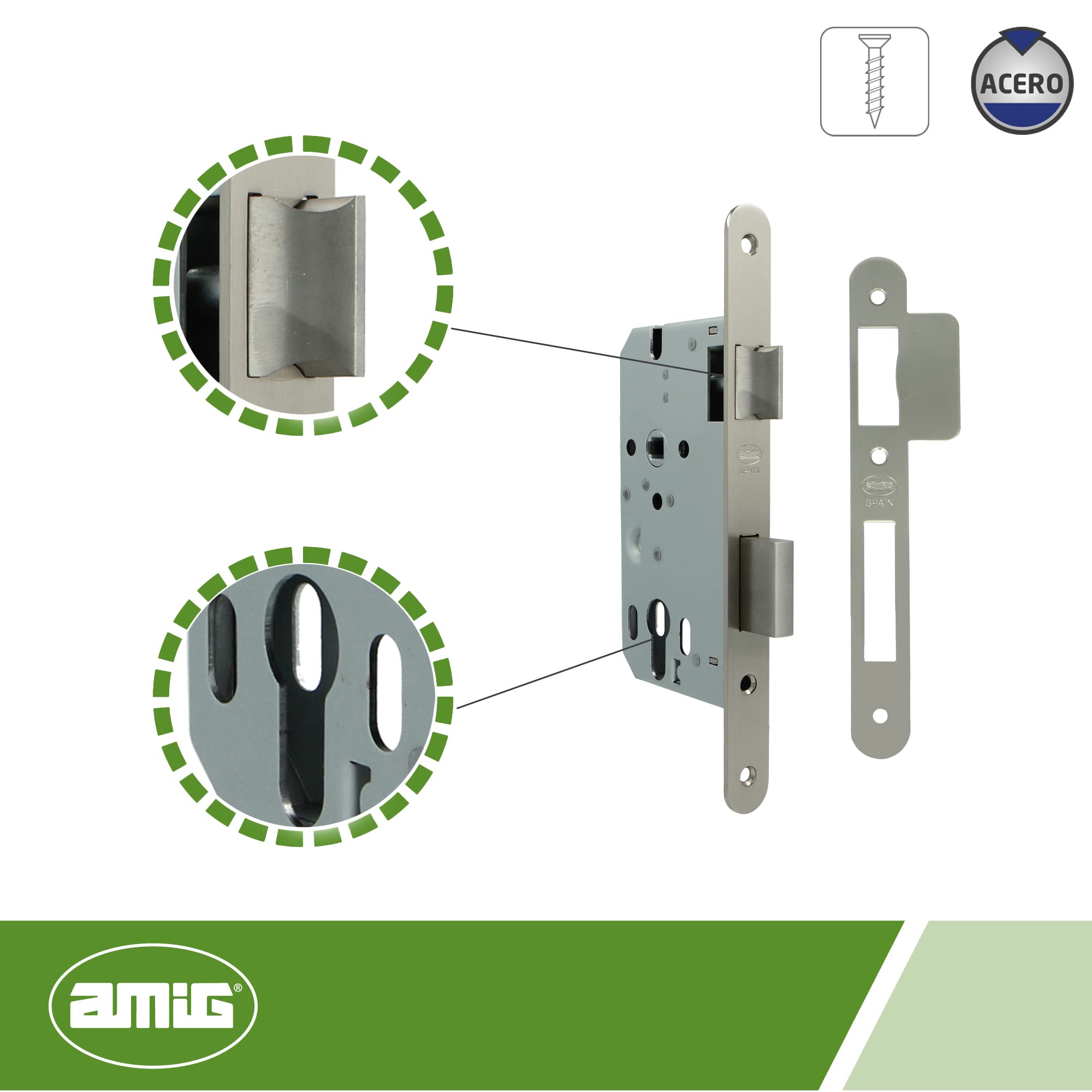 Amig - Cerradura de Embutir para Puertas de Madera - Con Paletón de Cierre - Frente y Soporte en Canto Redondo - Entrada de 50 mm - Picaporte reversible - Acero - Plateado Mate - 230 mm