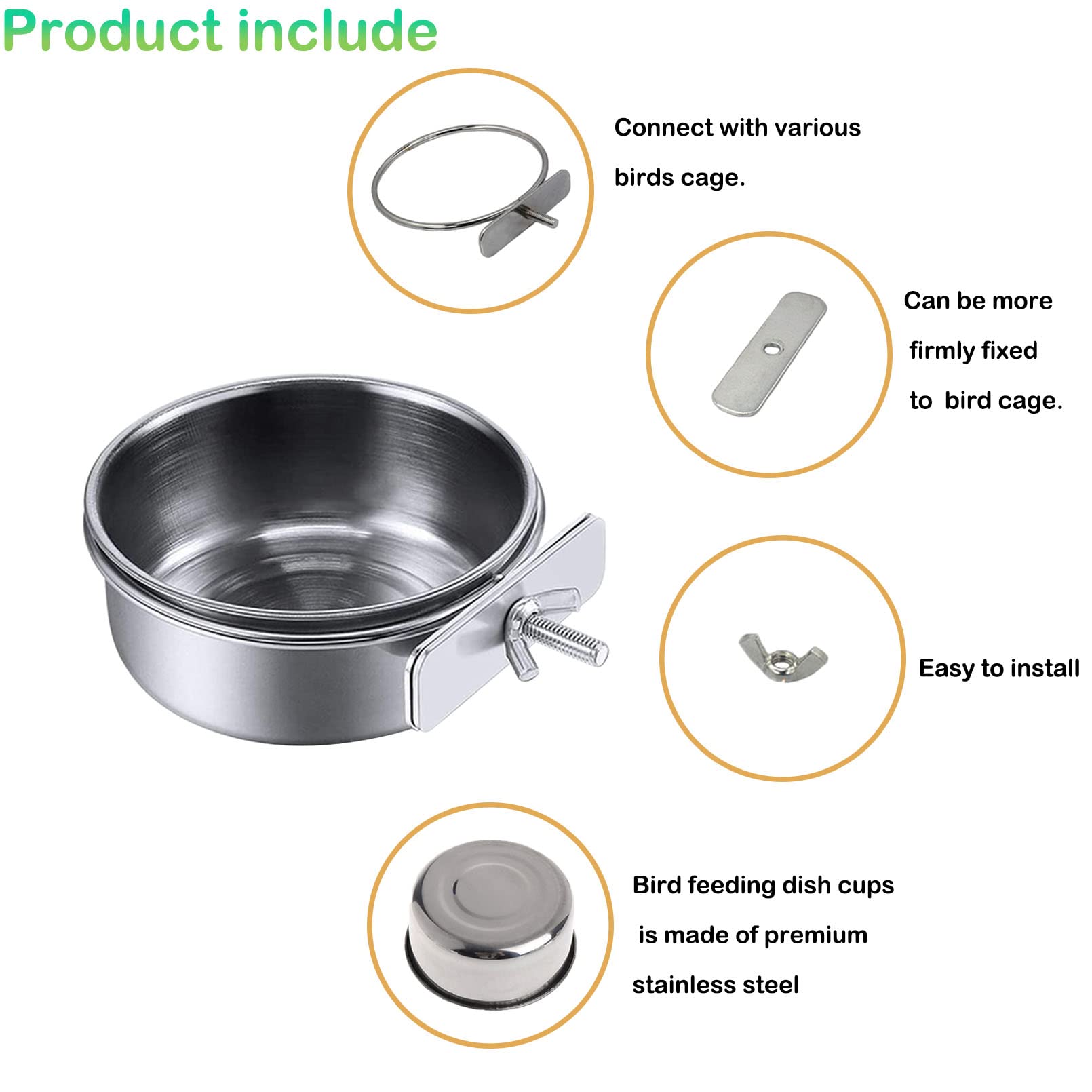 kathson Stainless Steel Bowls for Birds,4 Pcs Parrot Feeder Dish Cups,Bird Cage Water Food Bowl Coop Cup with Clamp Holder for Parrots Cockatiel Budgies Parakeet Lovebird(S) - image 4